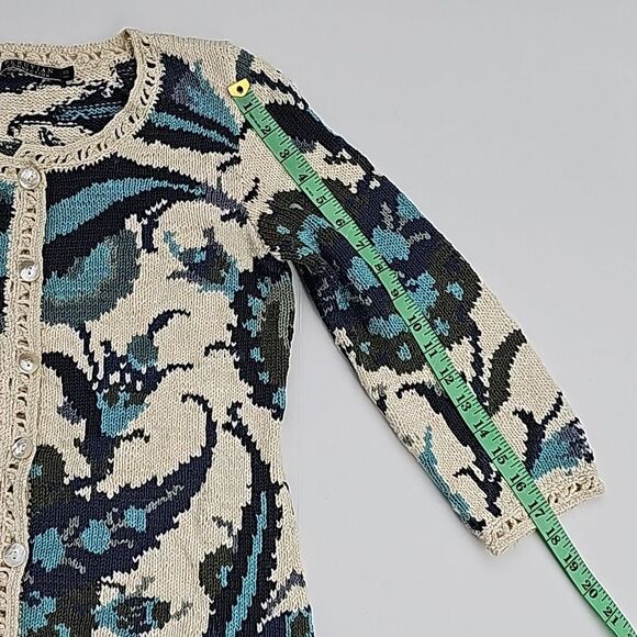 RARE Peruvian Connection Women's Floral Printed Cardigan Cream Teal Size XS - Picture 7 of 9